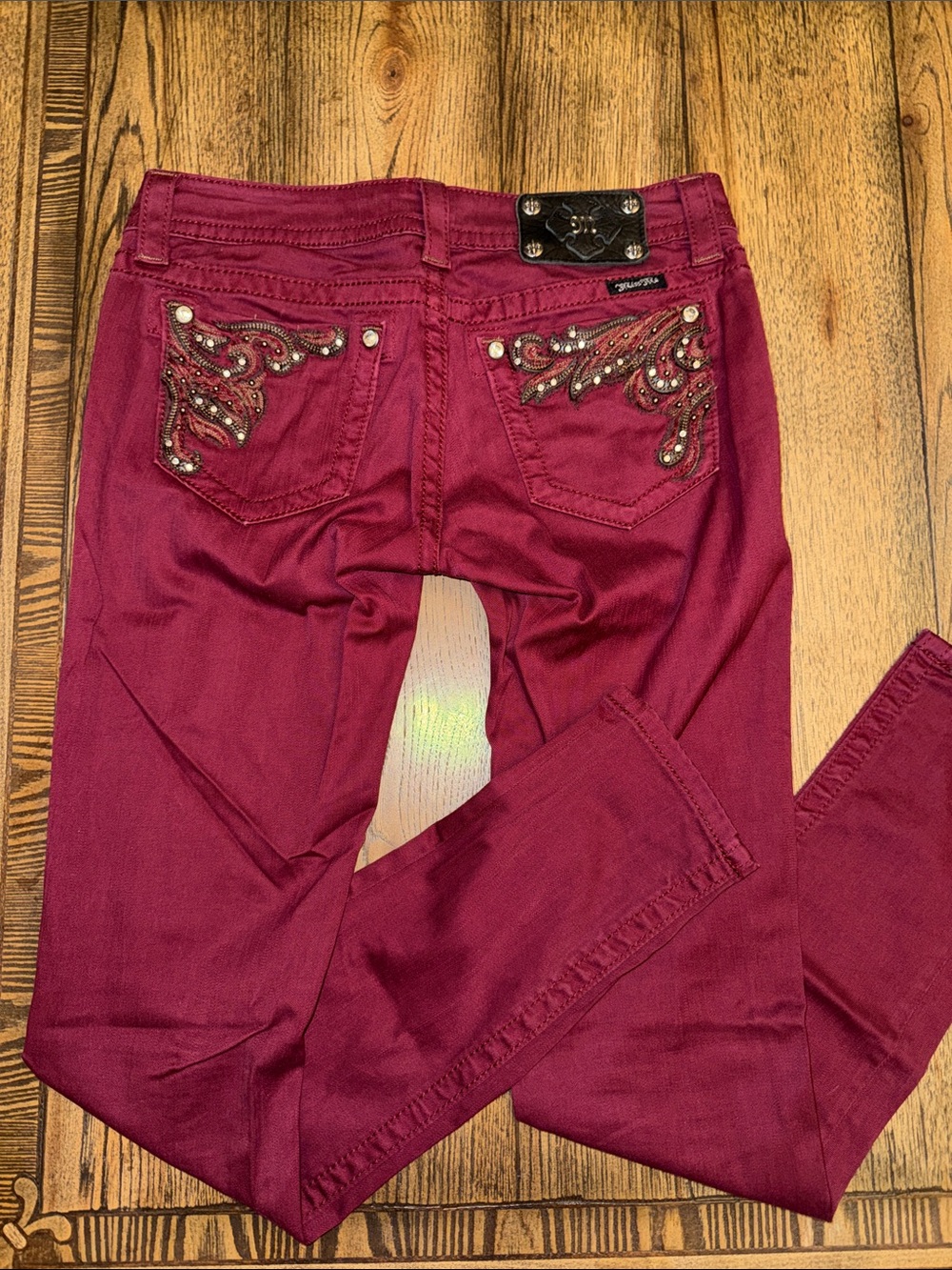 Miss Me Burgundy Skinny Jeans with Embellished Back Pockets